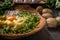 Close up of preparation of gnocchi dough ingredients. Potatoes with egg and flour in wooden bowl on dark kitchen table with