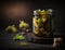 Close up preserved vegetables in jars on kitchen counter