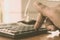 Close up of Press the right button. Calculator with finger. Fingers pressing the buttons of calculator. A businessman typing hand