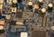 Close up of printed circuits on motherboard