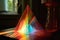 close-up of a prism refracting light into a rainbow