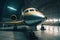 A close-up of a private jet parked in a hangar, with a clear view of its exterior and details. Generative AI