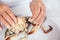 Close up of  the process of breaking down a fresh crab to take out the flesh