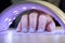 Close-up of the process of drying nails with gel polish in an ultraviolet lamp. Manicure in a beauty salon for female hands