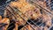 Close-up of The process of frying chicken meat on the grid a barbecue in the backyard.