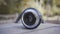 Close up of professional camera lens lying on a rotating children roundabout. Action. Photography concept. forgotten