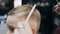 Close-up. Professional hairdresser makes a new haircut to the little boy. During haircuts barber uses an scissors and a