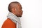 Close up profile of african american man with scarf against isolated white background