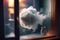 close-up of a puff of smoke escaping from the window, with blurred background