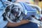 Close up pug, fat dog lying on his lap, owner, smiling with happiness, cute funny