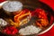 Close-up of puja thali pooja plate during preparation of Rakhsa Bhandhan. This festival is traditionally Indian festival for