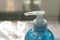 Close-up of pump bottle head. Alcohol gel or hand sanitizer. Protection against Coronavirus COVID-19