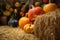 close-up of pumpkins with colorful leaves and hay bales