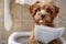 Close-up of a puppi sitting on toilet and reading news paper.
