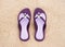 Close-up of purple flip-flops on the sand
