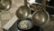 Close-up of quail eggs frying in a frying pan in a restaurant.