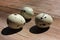 Close-up of quail eggs on wooden background. Natural hard light.