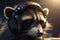 Close up of a raccoon with headphones. AI generated