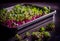 Close-up of radish microgreens growing in tray, AI Generated