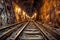 close-up of rail tracks in underground subway tunnel