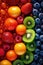 A close up of a rainbow of fruit. Generative AI image.