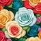 a close-up of a rainbow roses patterns background with white flowers. AI-Generated.