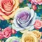 a close-up of a rainbow roses patterns background with white flowers. AI-Generated.