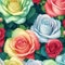 a close-up of a rainbow roses patterns background with white flowers. AI-Generated.