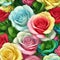 a close-up of a rainbow roses patterns background with white flowers. AI-Generated.