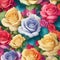 a close-up of a rainbow roses patterns background with white flowers. AI-Generated.