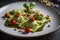 Close-up of Ravioli dish with fresh pesto sauce and cherry tomatoes, garnished with pine nuts and basil leaves