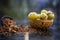 Close up of raw amla or Phyllanthus emblica or Indian gooseberry in a fruit basket with its dried seed powder in a clay bowl used