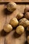 Close up of raw fresh potatoes roots on wooden surface food homegrown