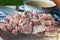 Close-up of raw meat in marinade with onions and mayonnaise on skewers for cooking kebabs on a plate. Picnic and food in nature