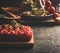 Close up of raw minced meat on dark rustic kitchen table. Copy space