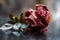 Close up of raw red colored ripe pomegranate with cut pomegranate on wooden surface with some rose leaves.