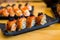 Close up of raw salmon rolls mixed sliced fish,Japanese food