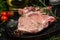 Close up of a raw steak on a plate