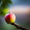 A close-up of a red apple resting on a leafless branch.