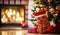 Close-up of a red Christmas stocking with a fireplace in the background