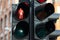 Close-up of a red color at a traffic light at a pedestrian crossing