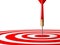 Close up of red dart hit to center of red dartboard. Arrow on bullseye in target. Business success, investment goals, purpose