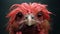 Close-up of a red-feathered chicken with wet feathers and intense eyes