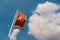 Close-up of the red flag of Montenegro with a two-headed eagle against a blue sky with white clouds.