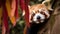 A close up of a red panda peeking out of a tree. AI generative image.