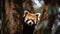 A close up of a red panda in a tree. Generative AI image.