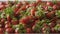 A close-up of a red ripe juicy strawberry slow falls one by one on a tray with berries made of steel. Berries background