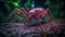 a close up of a red spider on a rock in the dark