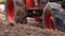 Close-up the red tractor is plowing the soil