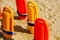 Close up of a rescue buoys in the sand of a beach in the Medite